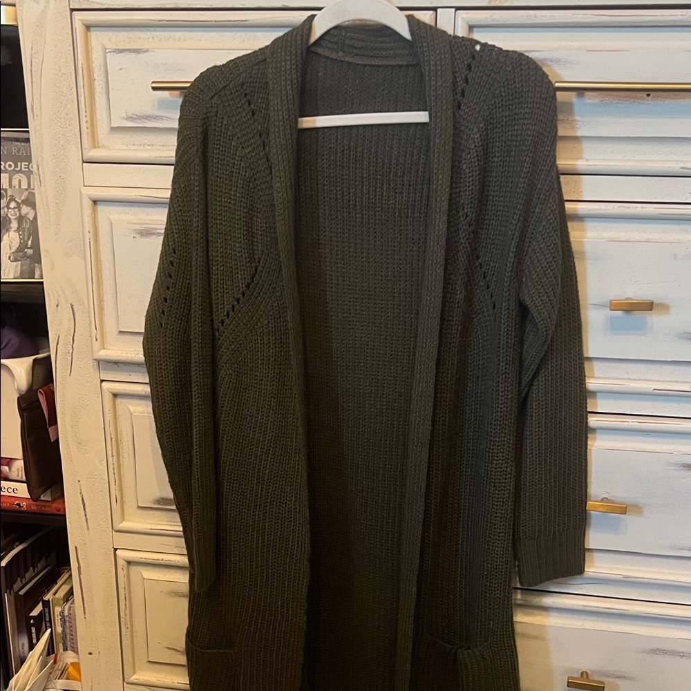Open-Front long , Olive Green Knit Cardigan Sweater